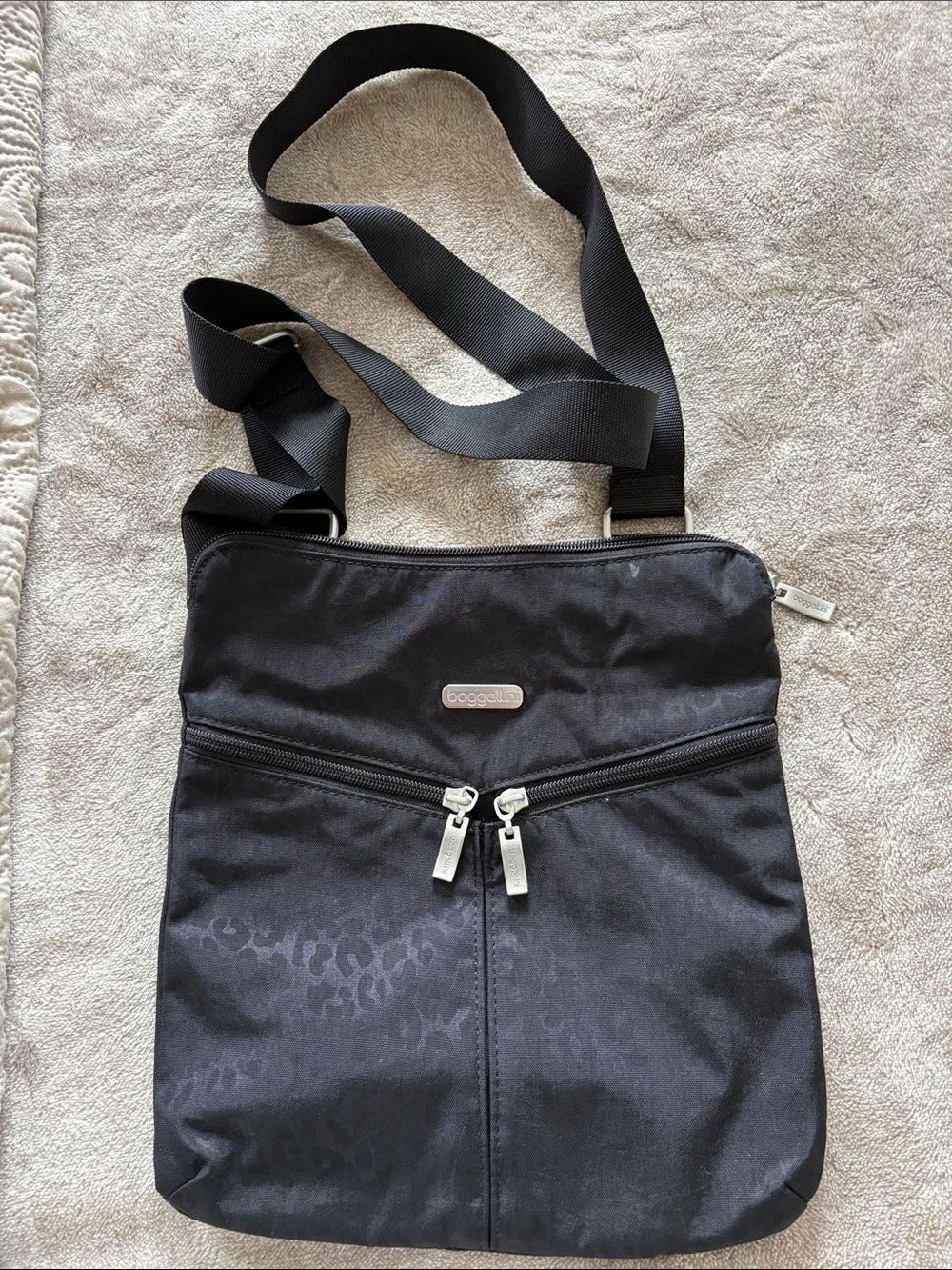 Baggallini Black Nylon Crossbody with Subtle Leopard Texture